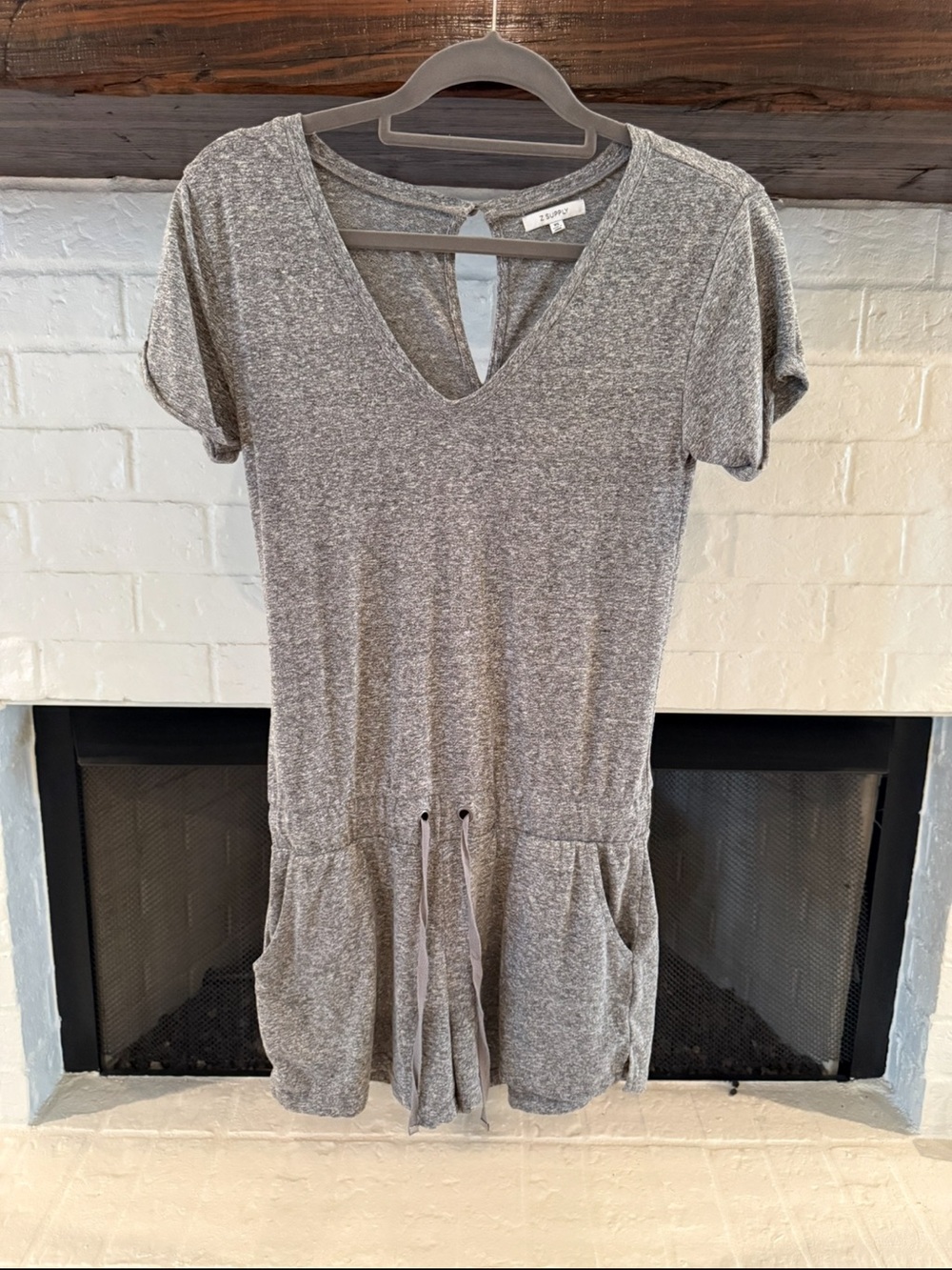 Z Supply Gray V-Neck Short Sleeve Romper with Drawstring Waist
